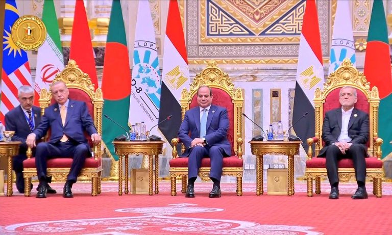 صورة..السيسي يتوسط بزشيكان وأردوغان في قمة الدول الثماني