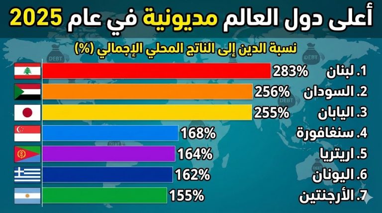 أعلى دول العالم مديونية مقارنة بحجم الاقتصاد في 2025