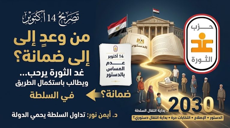حزب غد الثورة يرحب بتصريح 14 أكتوبر ويدعو لتحويله إلى ضمانة تاريخية حقيقية لتداول السلطة والإصلاح