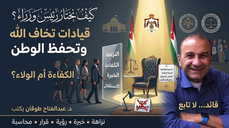 د.عبدالفتاح طوقان يكتب: كيف نختار رئيس وزراء وقيادات تخاف الله وتحفظ الوطن؟